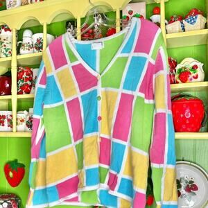colorful pastel yellow checkered knit grandma core button up cardigan sweater